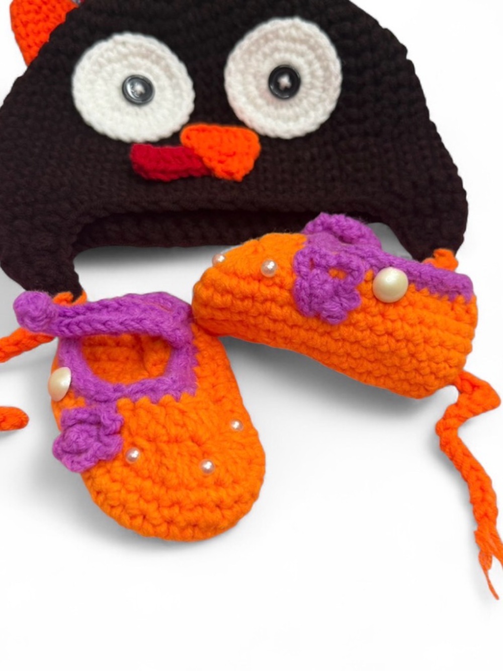 Handmade Crochet Baby Hat and Booties - Orange, Purple, Brown